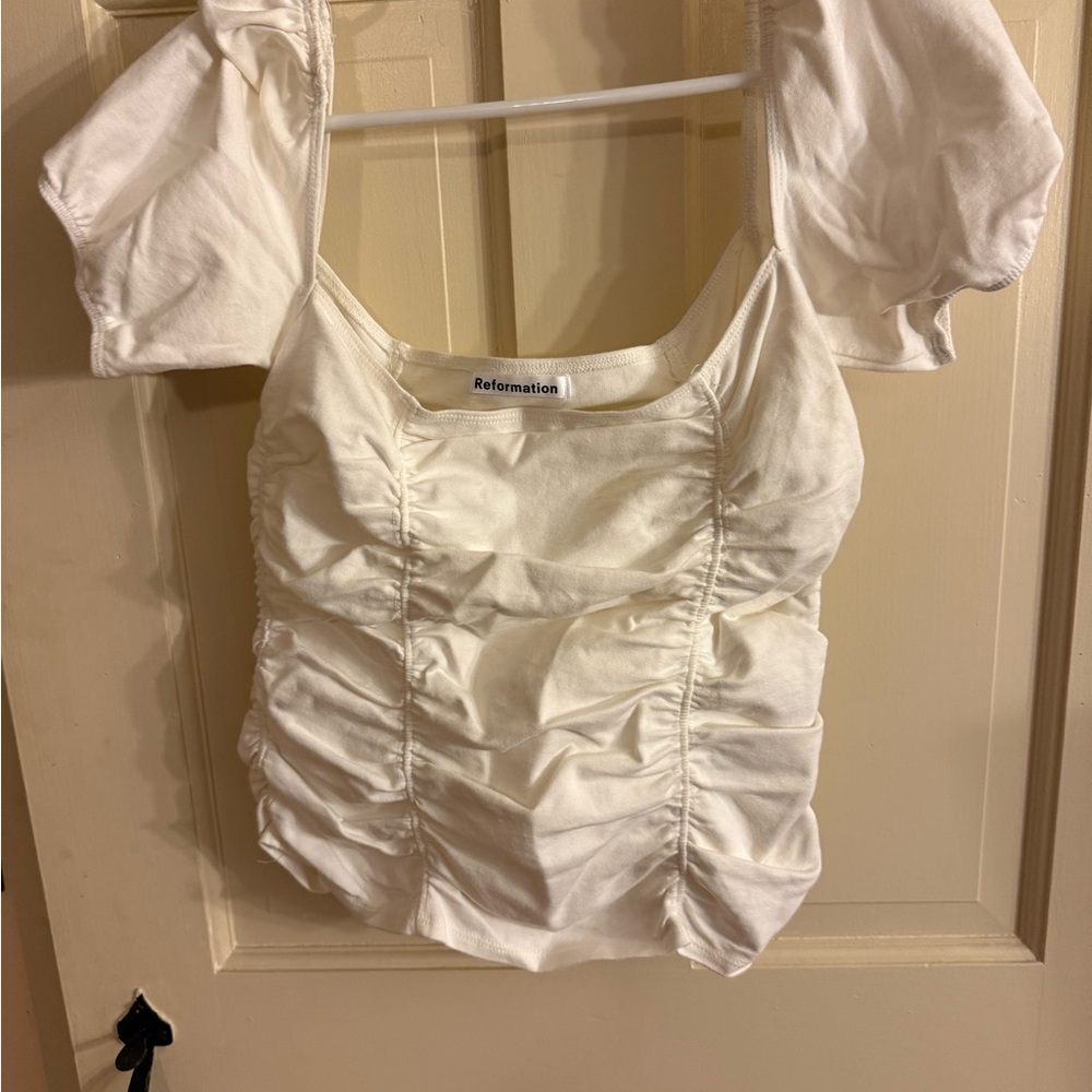 Reformation Cream Ruched Blouse
